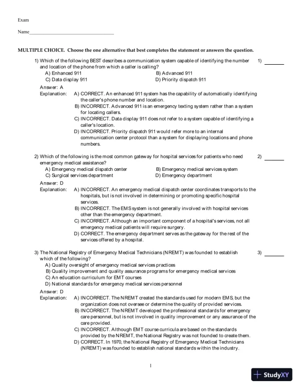 Emergency Care (EMT), 13th Edition Test Bank - Page 1 preview image