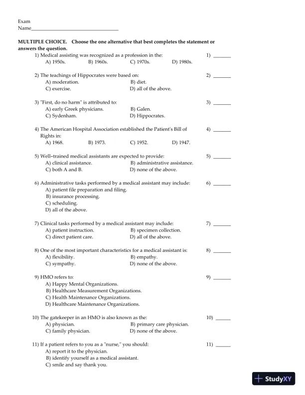 Clinical Medical Assisting: Foundations and Practice 1st Edition Test Bank - Page 1 preview image