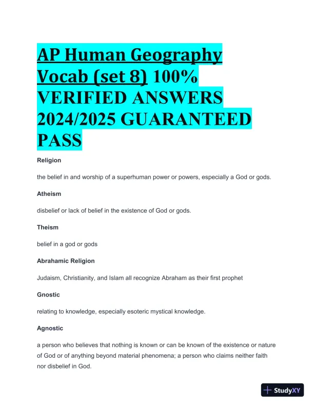 2024-2025 AP Human Geography Vocab (Set 8) Practice Exam with Answers (30 Solved Questions) - Page 1 preview image
