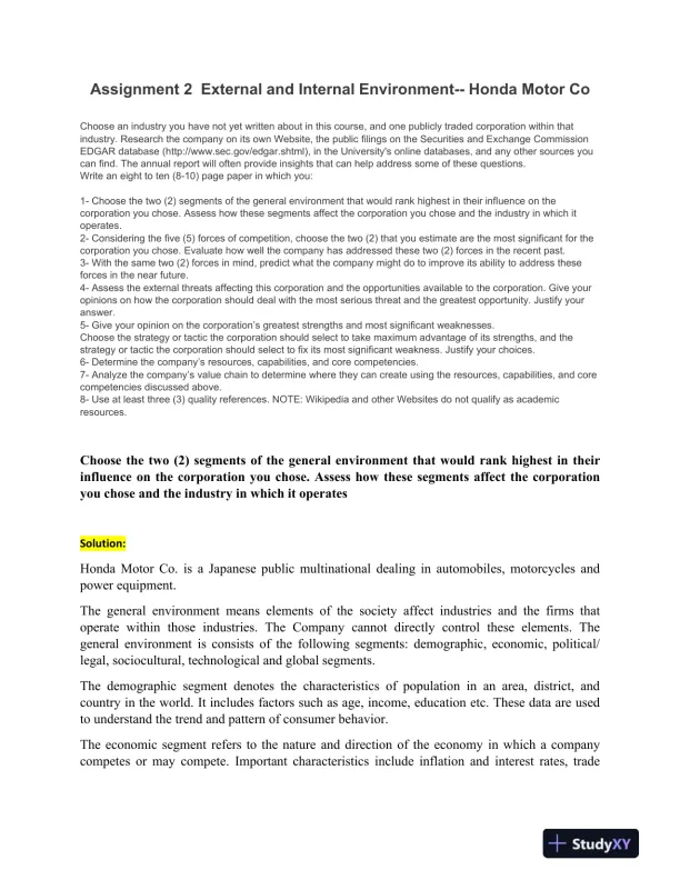 Assignment 2 External and Internal Environment Honda Motor Co - Page 1 preview image