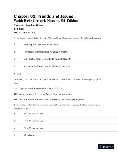 Test Bank For Basic Geriatric Nursing, 5e (Wold, Basic Geriatric Nursing), 5th Edition - Page 1 preview image