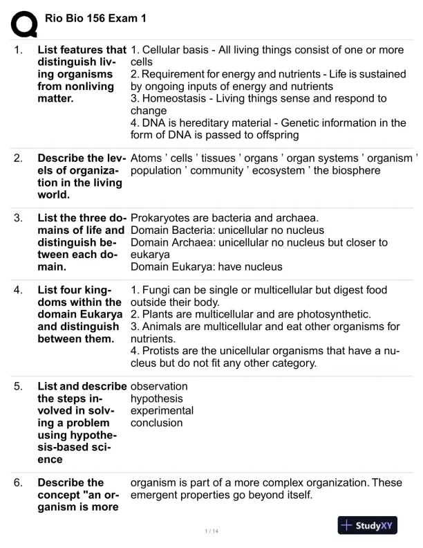 Rio Bio156 Biology Practice Exam With Answers (105 Solved Questions) - Page 1 preview image