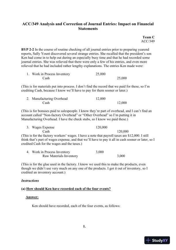 ACC/349 Analysis and Correction of Journal Entries: Impact on Financial Statements - Page 1 preview image