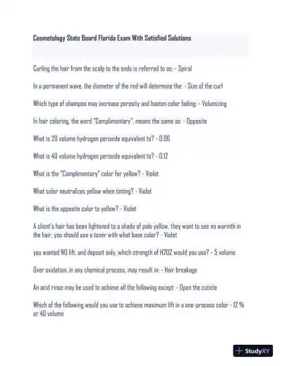 State Board Florida Cosmetology Practice Exam With Answers (209 Solved Questions) - Page 1 preview image