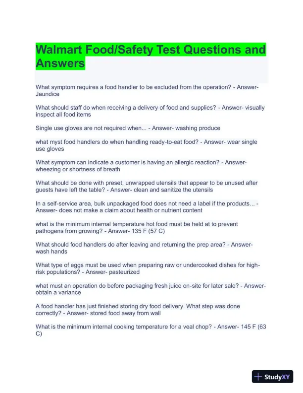Walmart Food/Safety Practice Exam with Answers (77 Solved Questions) - Page 1 preview image