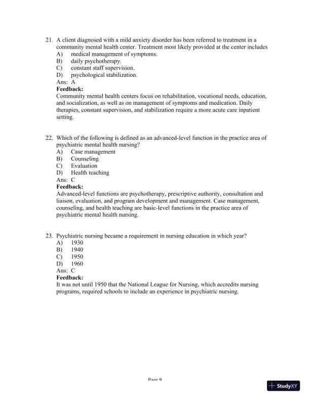 Test Bank for Psychiatric-Mental Health Nursing, 8th Edition (Chapters 1-24) - Page 10 preview image
