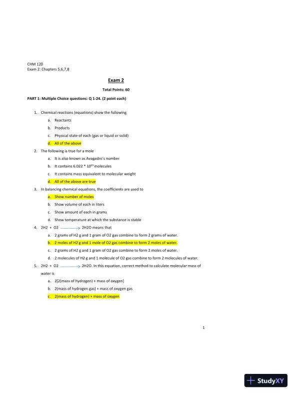 CHM120 Chemistry Practice Exam With Answers (28 Solved Questions) - Page 1 preview image