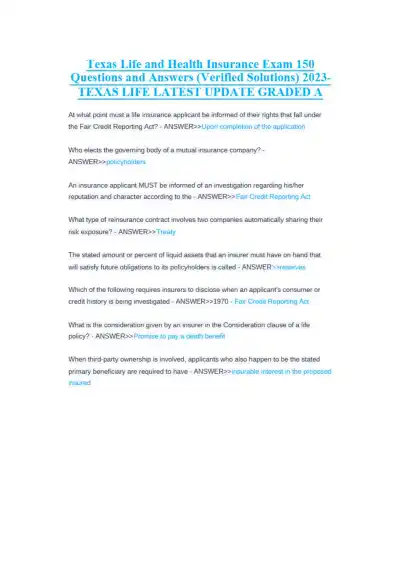 Texas Life and Health Insurance Exam 150 Questions - Page 1 preview image