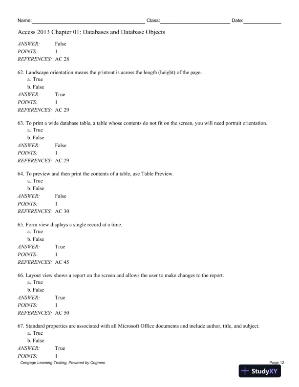 Enhanced Microsoft Access 2013: Comprehensive 1st Edition Test Bank - Page 13 preview image