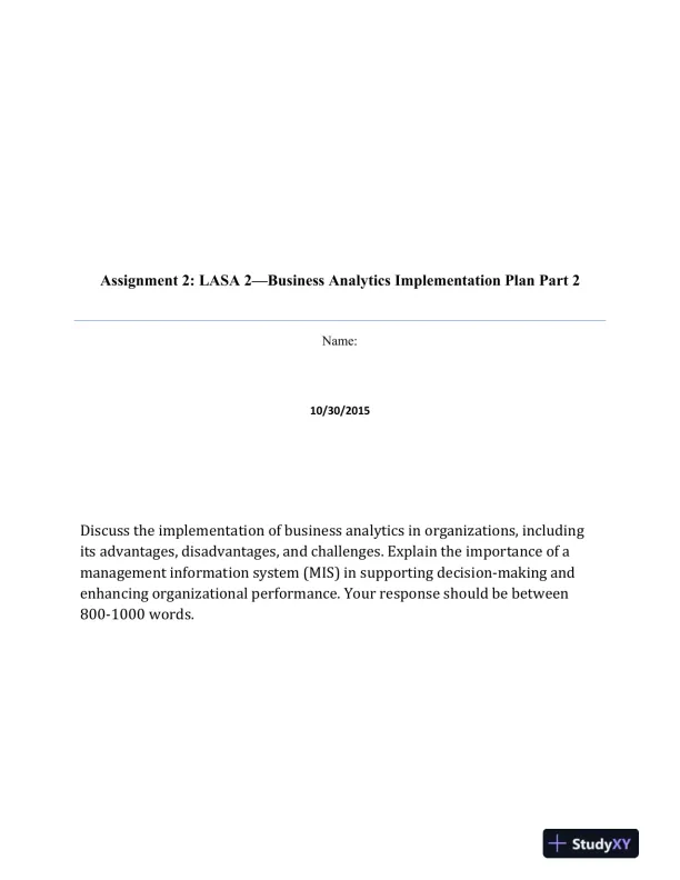 Assignment 2: LASA 2�Business Analytics Implementation Plan Part 2 - Page 1 preview image
