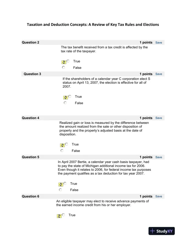 Taxation and Deduction Concepts: A Review of Key Tax Rules and Elections - Page 1 preview image