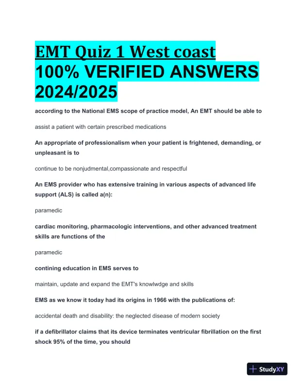 2024-2025 West Coast EMT Quiz 1 Practice Exam with Answers (210 Solved Questions) - Page 1 preview image