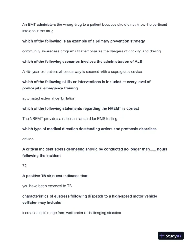 2024-2025 West Coast EMT Quiz 1 Practice Exam with Answers (210 Solved Questions) - Page 4 preview image