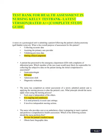 Test Bank for Health Assessment in Nursing, 7th North American Edition (Chapters 1-34) - Page 1 preview image