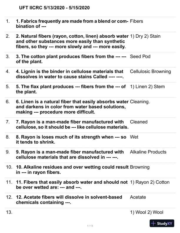 2020 UFT IICRC Practice Exam with Answers (137 Solved Questions) - Page 1 preview image