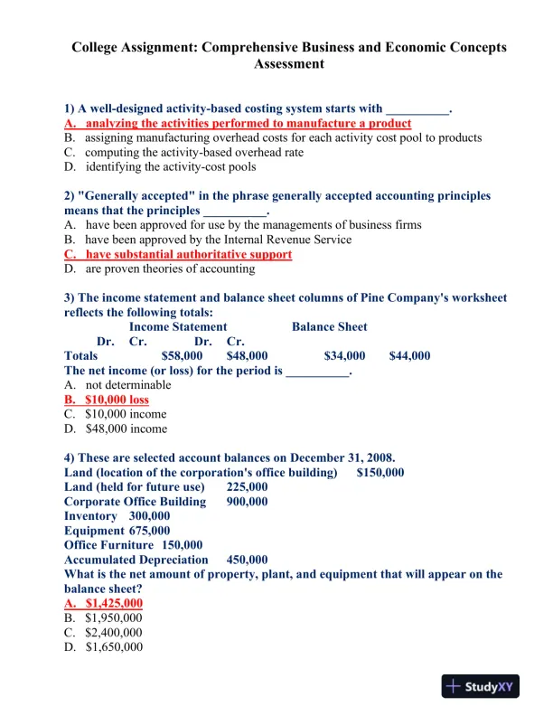 College Assignment: Comprehensive Business and Economic Concepts Assessment - Page 1 preview image