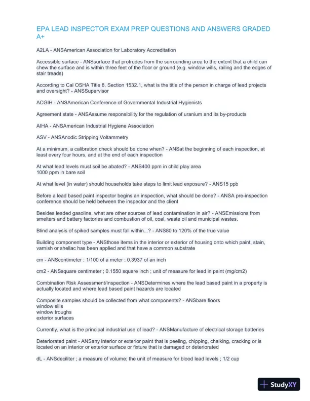 EPA Lead Inspector Exam Preparation with Answers (302 Solved Questions) - Page 1 preview image