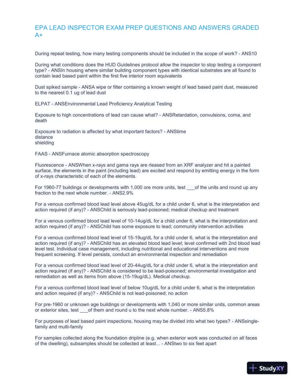 EPA Lead Inspector Exam Preparation with Answers (302 Solved Questions) - Page 3 preview image