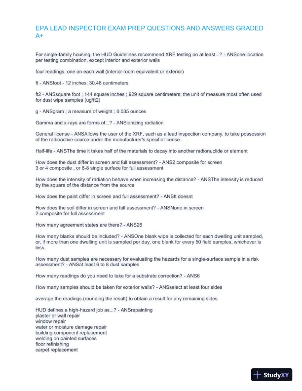EPA Lead Inspector Exam Preparation with Answers (302 Solved Questions) - Page 4 preview image