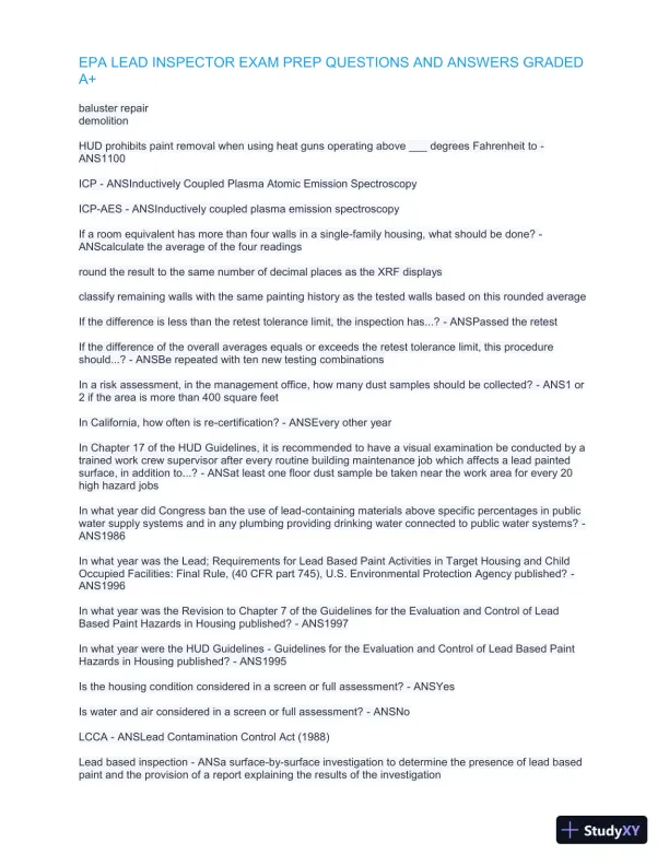 EPA Lead Inspector Exam Preparation with Answers (302 Solved Questions) - Page 5 preview image