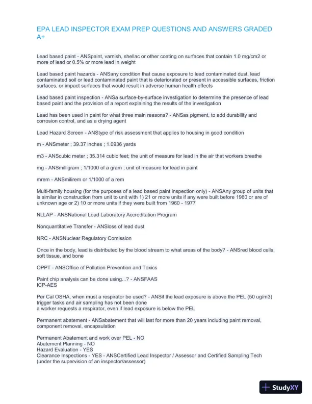 EPA Lead Inspector Exam Preparation with Answers (302 Solved Questions) - Page 6 preview image