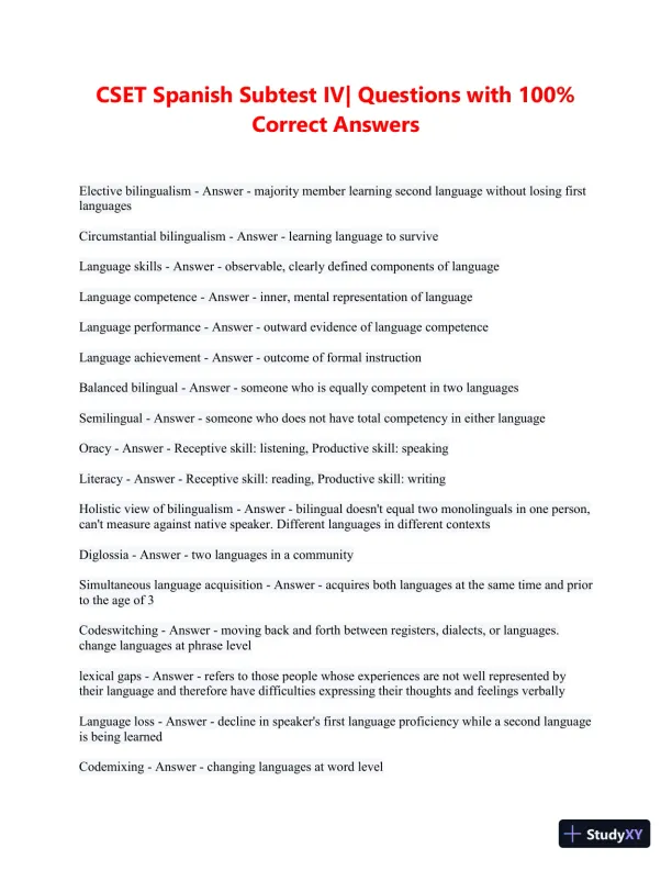 CSET Spanish Subtest IV Practice Exam with Answers (89 Solved Questions) - Page 1 preview image