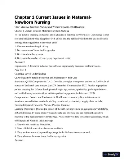 Test Bank For Olds' Maternal-Newborn Nursing and Women's Health Across The Lifespan, 10th Edition - Page 1 preview image