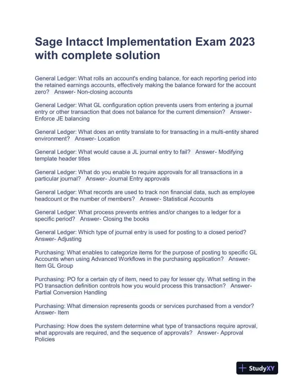 2023 Sage Intacct Accounts Implementation Exam With Answers (73 Solved Questions) - Page 1 preview image