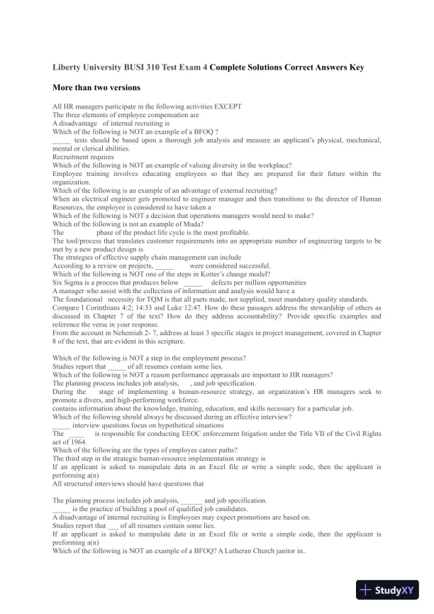 Liberty University BUSI 310 Test Exam 4 Complete Solutions Correct Answers Key - Page 1 preview image