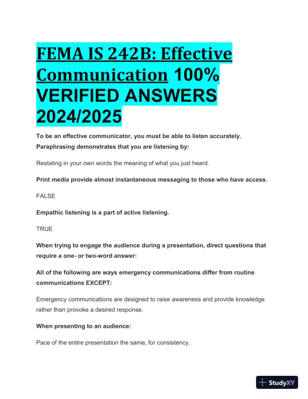 2024-2025 FEMA IS 242B Effective Communication Practice Exam with Answers (24 Solved Questions) - Page 1 preview image