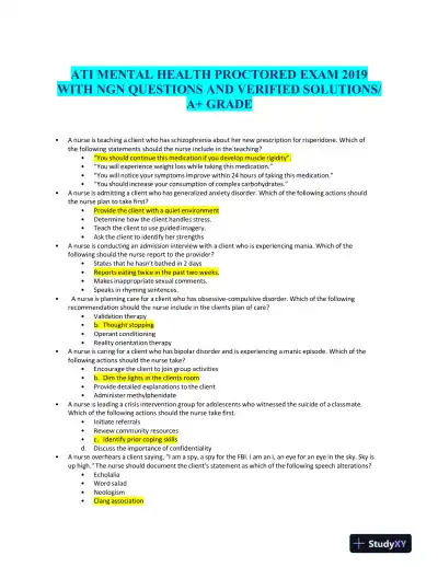 2019 ATI Mental Health Proctored Exam with Answers (139 Solved Questions) - Page 1 preview image