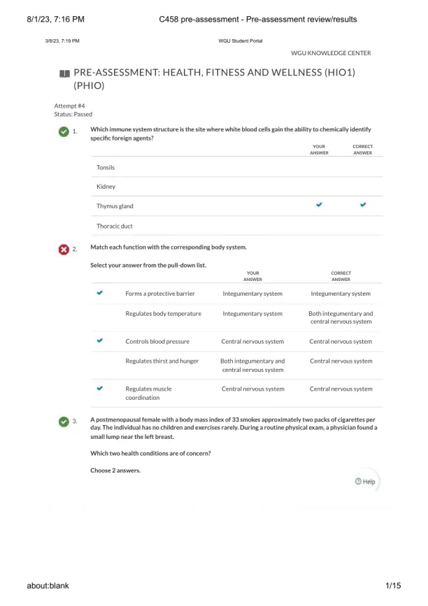 WGU Knowledge Centre Health Care Assessment Practice Exam With Answers (42 Solved Questions) - Page 1 preview image