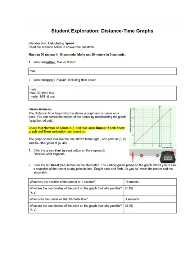 Student Exploration Distance Time Graphs - Page 1 preview image