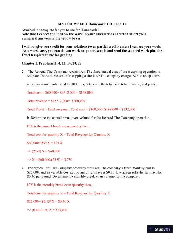 MAT 540 Week 1 Homework-CH 1 and 11 - Page 1 preview image