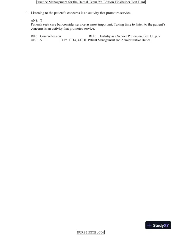Test Bank For Practice Management for the Dental Team, 9th Edition - Page 10 preview image