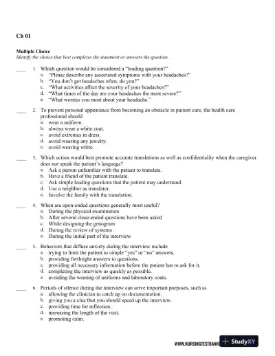 Test Bank For Seidel's Guide to Physical Examination: An Interprofessional Approach, 9th Edition - Page 1 preview image