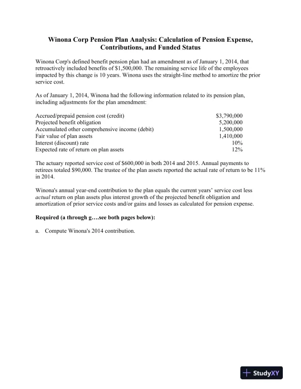 Winona Corp Pension Plan Analysis: Calculation of Pension Expense, Contributions, and Funded Status - Page 1 preview image