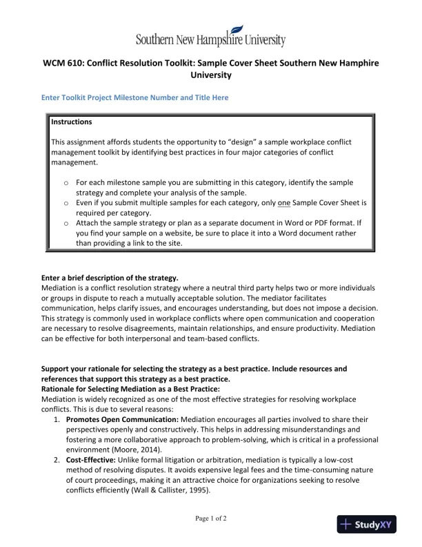 WCM 610: Conflict Resolution Toolkit: Sample Cover Sheet Southern New Hamphire University - Page 1 preview image