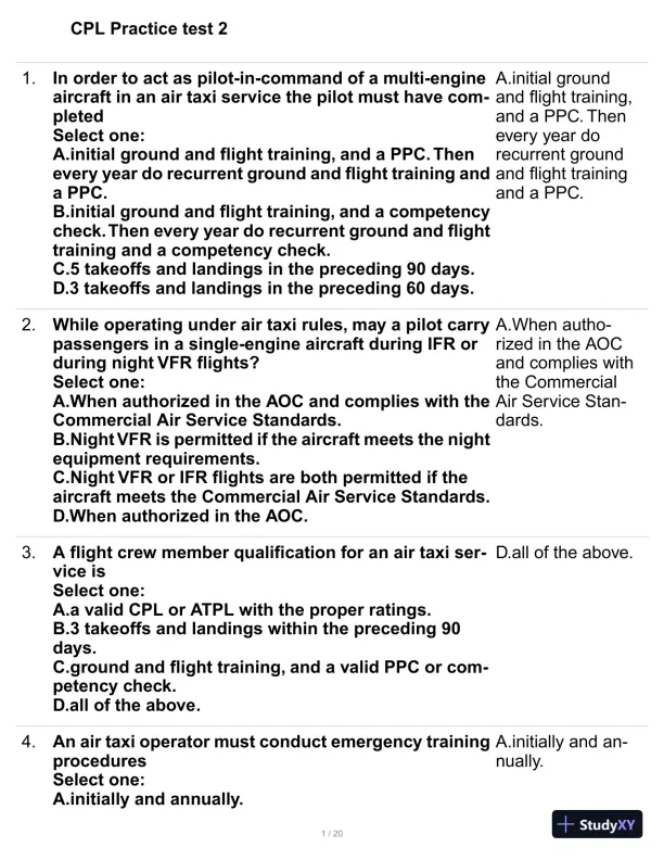 CPL Practice Exam Test 2 with Answers (72 Solved Questions) - Page 1 preview image