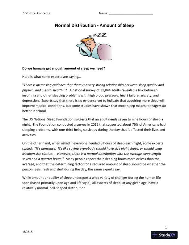 Normal Distribution - Amount of Sleep - Page 1 preview image