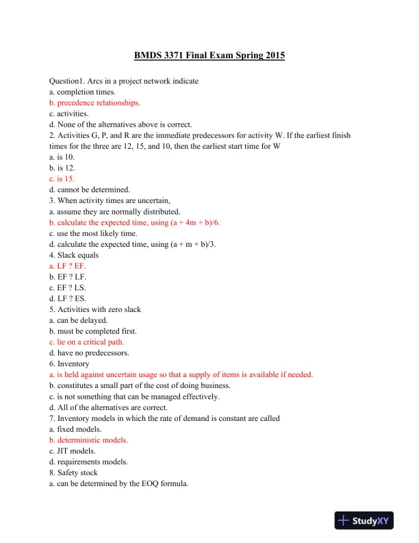 BMDS 3371 Final Exam Spring 2015 - Page 1 preview image