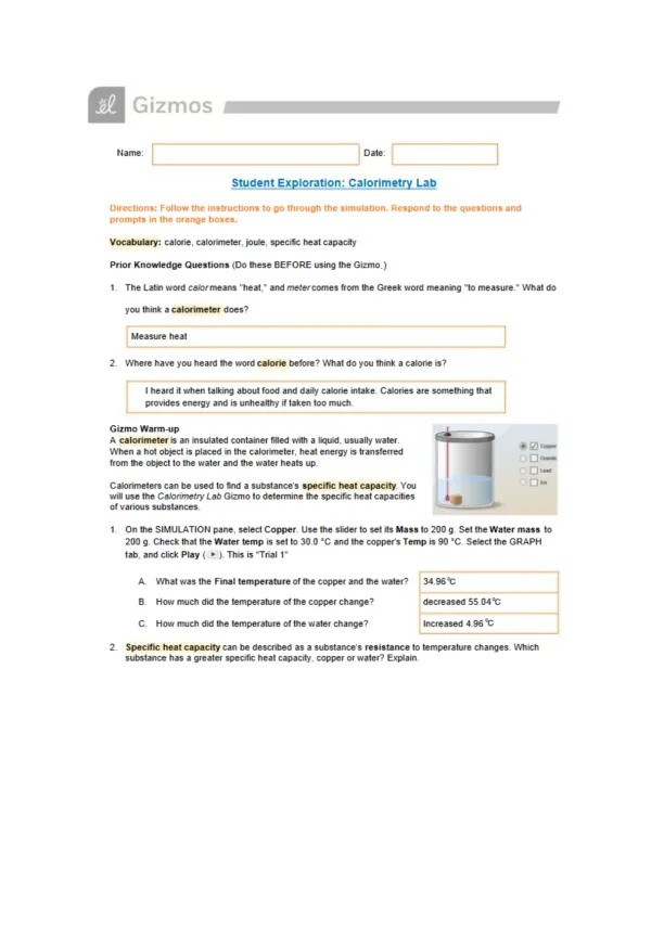 H Gizmos Worksheet CalorimetryLab - Page 1 preview image