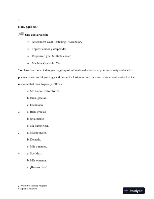 Test Bank for �Arriba!: Comunicaci�n y cultura, 6th Edition - Page 1 preview image