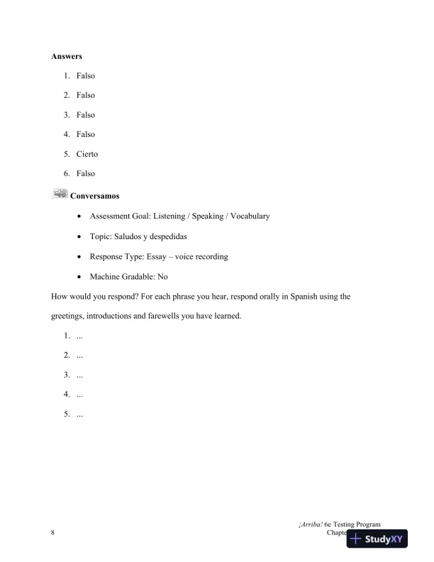 Test Bank for �Arriba!: Comunicaci�n y cultura, 6th Edition - Page 9 preview image