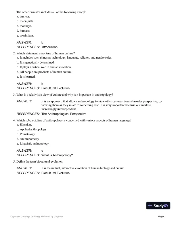 Essentials Of Physical Anthropology, 10th Edition Test Bank - Page 1 preview image