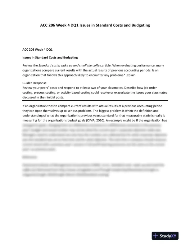 ACC 206 Week 4 DQ1 Issues in Standard Costs and Budgeting - Page 1 preview image