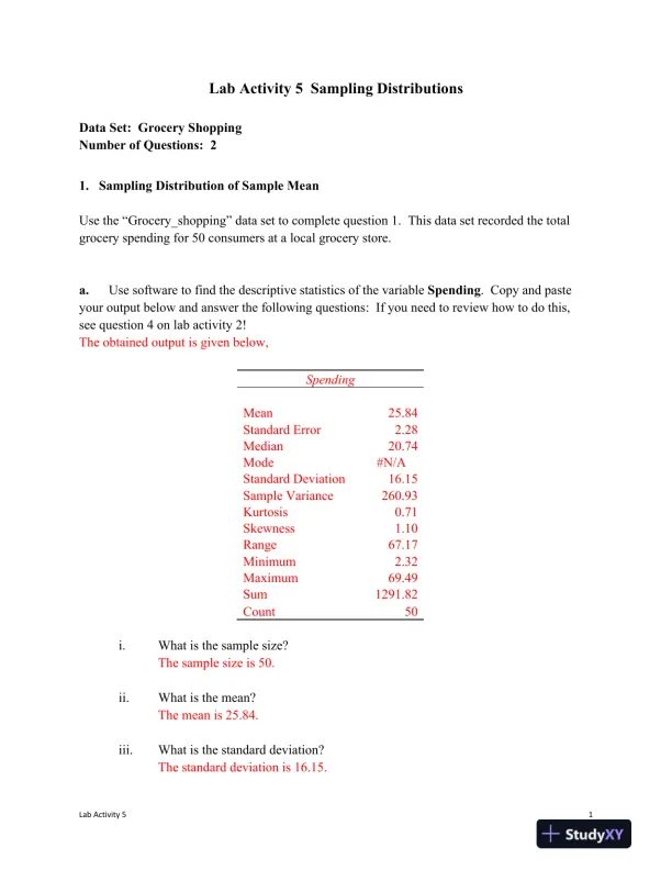 Lab Activity 5 Sampling Distributions - Page 1 preview image
