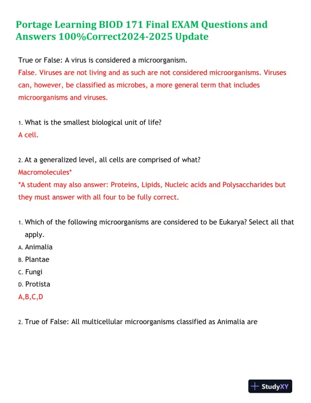2024-2025 BIOD171 Portage Learning Biology Final Exam With Answers (170 Solved Questions) - Page 1 preview image