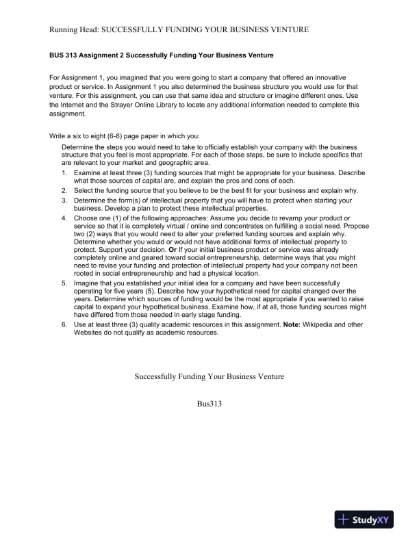 BUS 313 Assignment 2 Successfully Funding Your Business Venture - Page 1 preview image