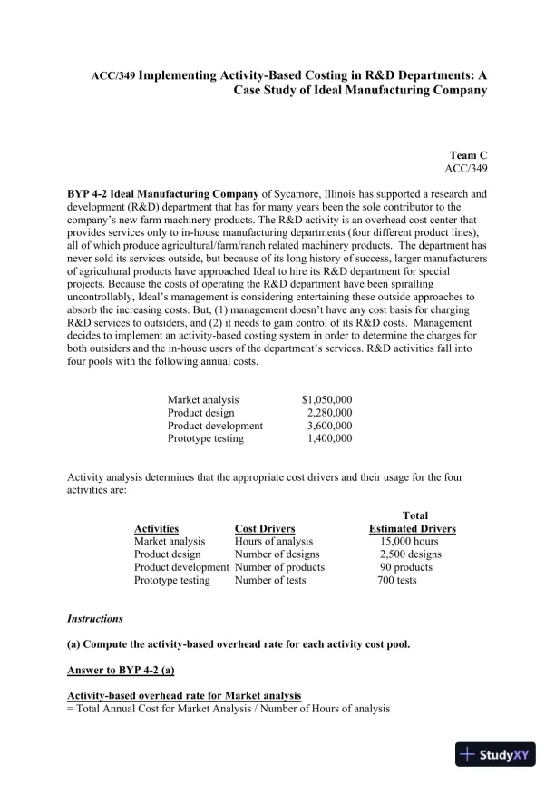 ACC/349 Implementing Activity-Based Costing in R&D Departments: A Case Study of Ideal Manufacturing Company - Page 1 preview image